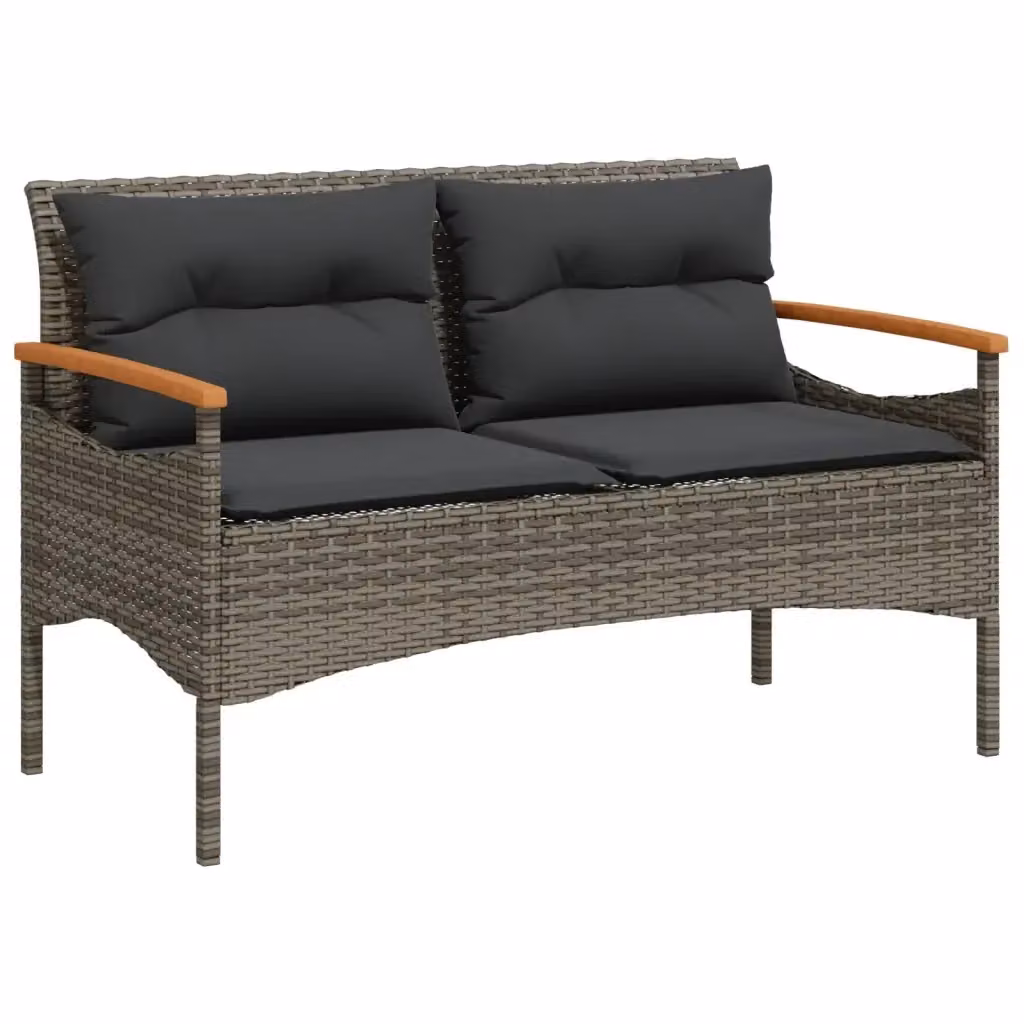 Panchina da giardino moderna vidaXL in legno di acacia oliato e rattan grigio con cuscini L: 116 cm, P: 62,5 cm, H: 74 cm – 2