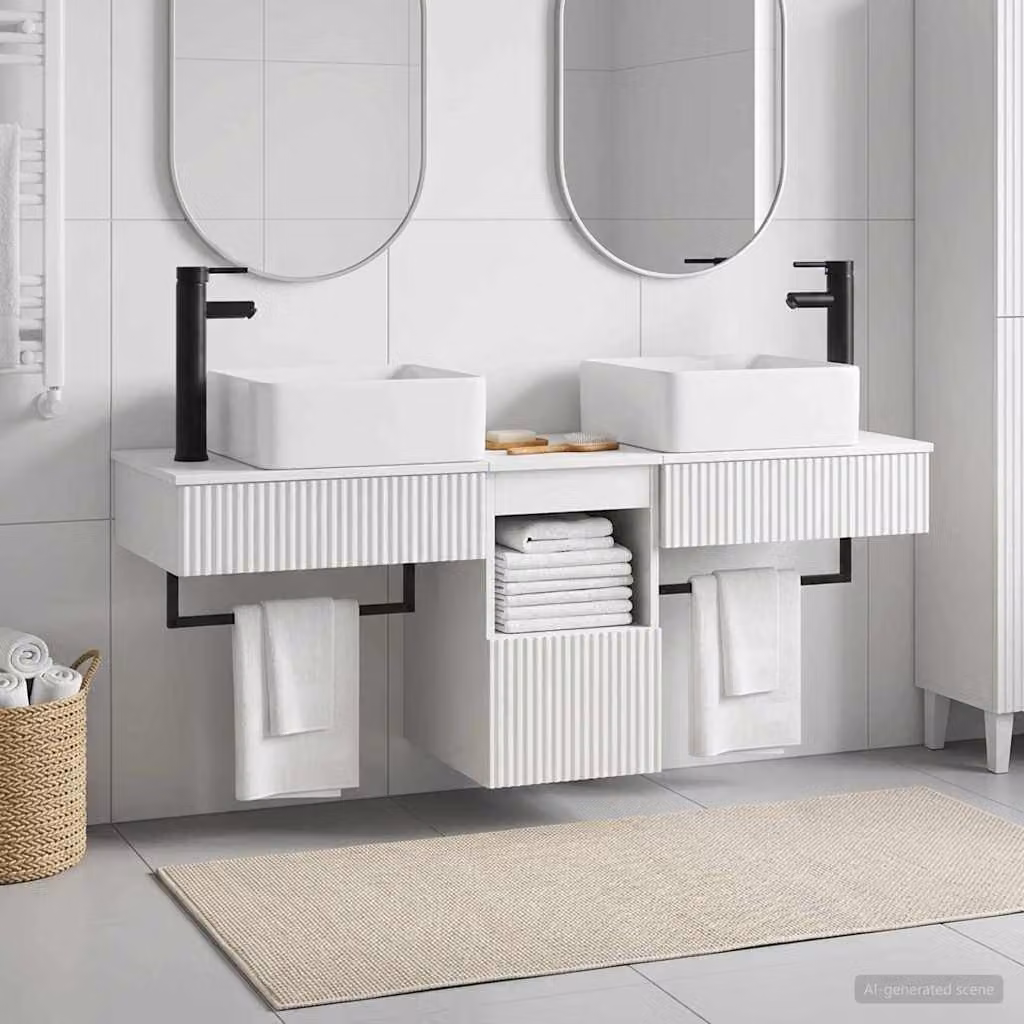 Set di mobili per il bagno moderno vidaXL in 3 pezzi, colore bianco opaco, in legno MDF sospeso