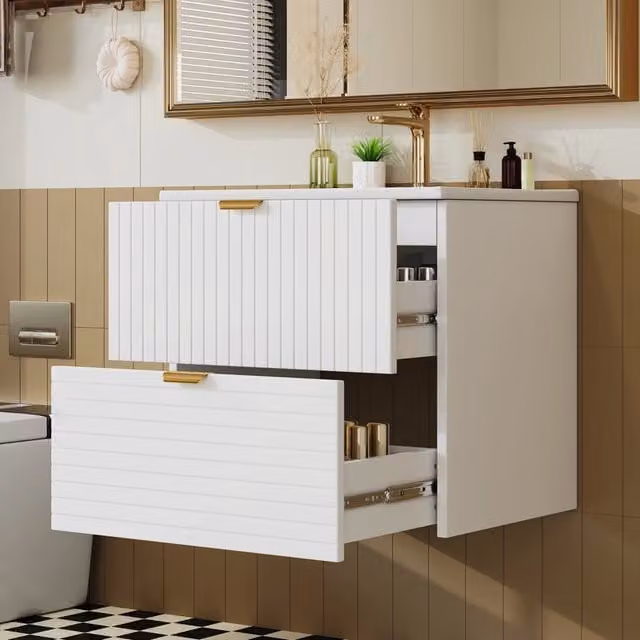 Lavabo sospeso 61x46x57 cm in MDF laccato bianco con lavabo integrato, 2 cassetti silenziosi con fronte strutturato orizzontale e verticale