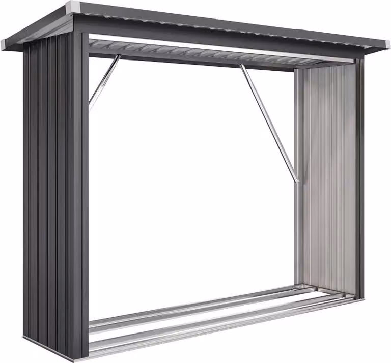 Moonbite, deposito per legna da ardere, dimensioni 213 x 66,5 x 150 cm, capanno per legna con tetto inclinato in lamiera ondulata e base rialzata, superficie di 1,12 m², acciaio, colore grigio scuro