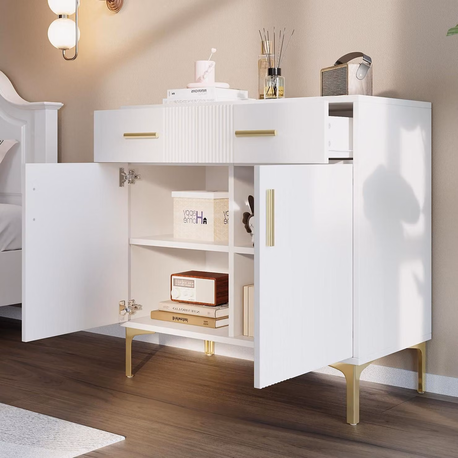 Comodino in legno con 2 ante e 2 cassetti, colore bianco, dimensioni 80x35x79,5 cm