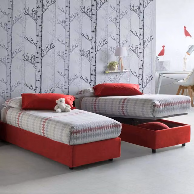 Letto singolo contenitore Aribal Talamo Italia con rivestimento in tessuto e materasso incluso, Rosso, 90x200 cm – 1