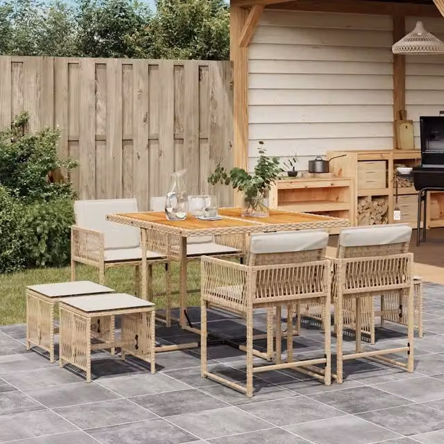 Set da pranzo da giardino vidaXL in polyrattan e legno di acacia con 9 pezzi e cuscini beige, marrone o bianchi
