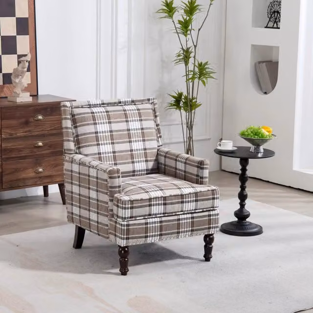 Poltrona Imbottita REDOM con Braccioli in Tessuto a Righe Marrone e Bianco, Struttura in Legno Massello, L: 74 cm, P: 66 cm, H: 43,5 cm – 1
