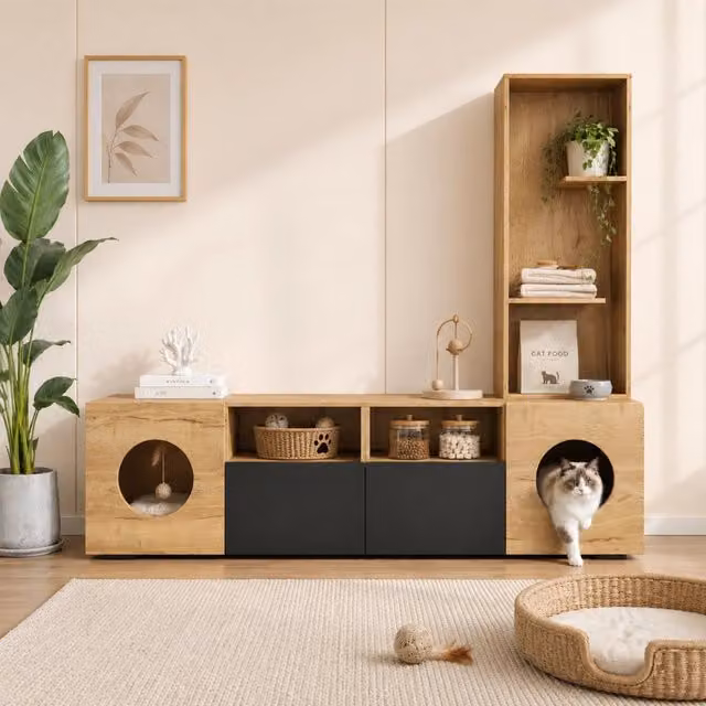 Desviae Mobile porta TV con libreria e spazio per gatti vani aperti ante con aperture rotonde nero e naturale 185 × 40 × 162 cm