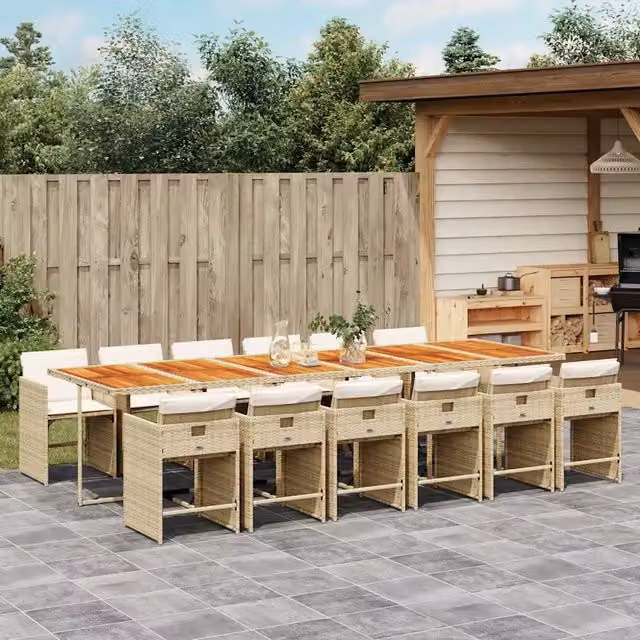 Set da pranzo da giardino vidaXL in polyrattan con cuscini beige e tavolo in legno di acacia, 13 pezzi – 1