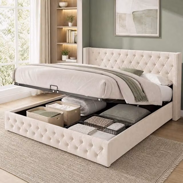 Letto matrimoniale 180x200 cm in velluto con contenitore idraulico; stile Chesterfield; beige