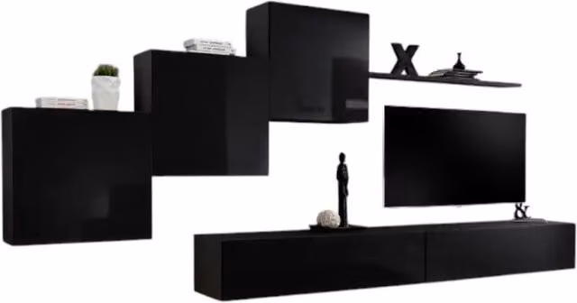 Composizione murale SWITCH X - Mobile TV da parete, cubi sospesi e scaffale - Nero lucido - Design moderno