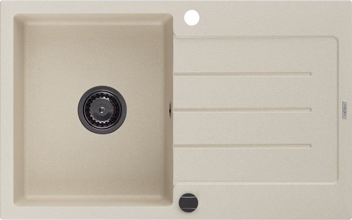 Mexen Bruno lavello in granito a una vasca con scolapiatti 795 x 495 mm, beige, sifone nero - 6513791010-69-B
