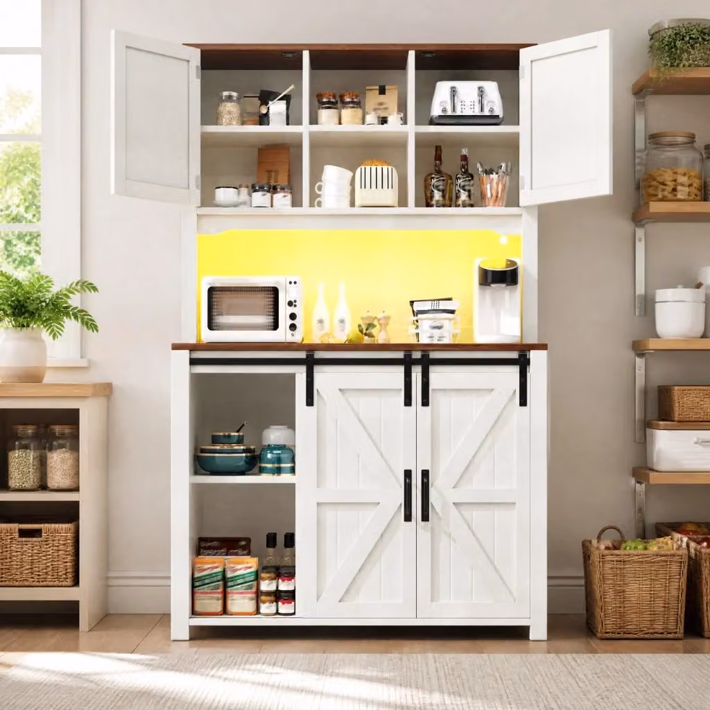 Credenza da cucina alta con ante scorrevoli e illuminazione LED, struttura in MDF e metallo, bianca, L 115 cm x P 40 cm x H 174,7 cm – 2