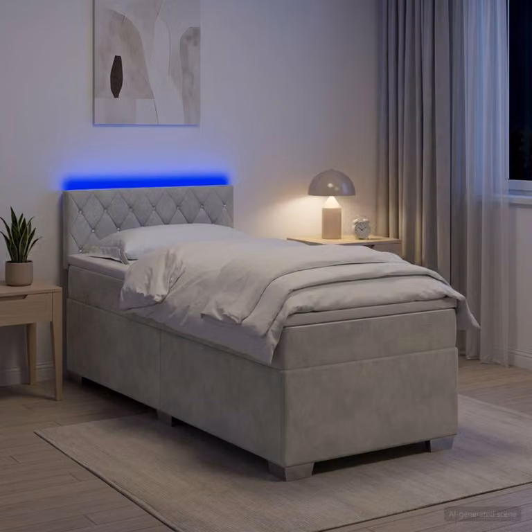 vidaXL Letto Box Spring con Materasso e Illuminazione LED, Rivestimento in Velluto Grigio, L/P: 100 x 200 cm
