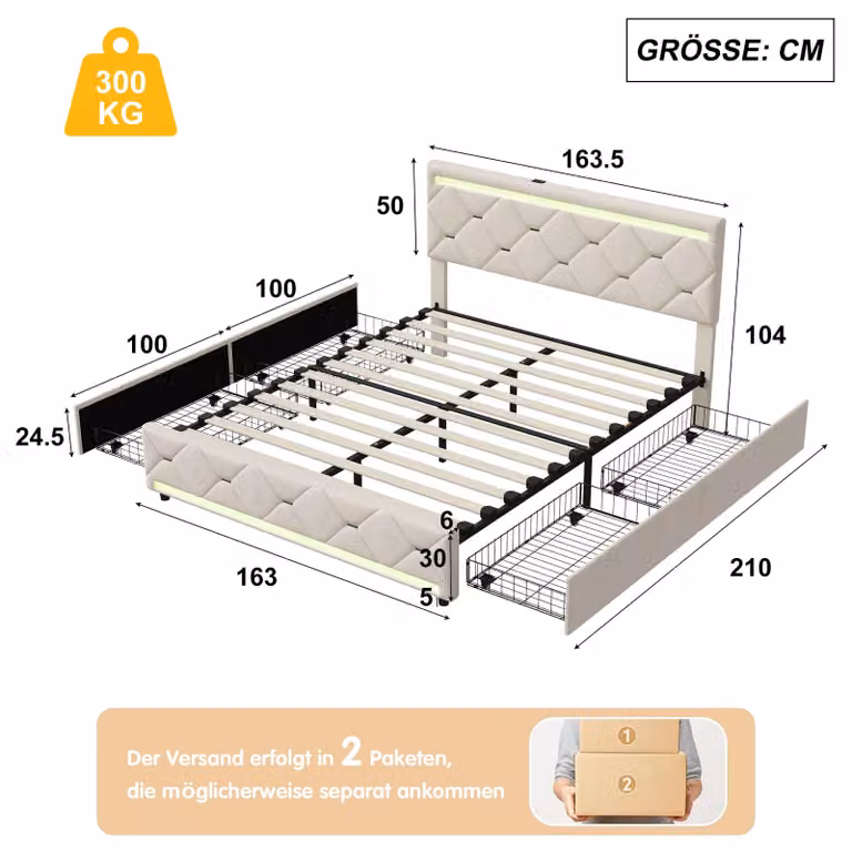 Letto imbottito con contenitore - 160 x 200 cm - 4 cassetti - Rivestimento in velluto - Struttura in MDF e metallo - Testiera imbottita - Colore avorio
