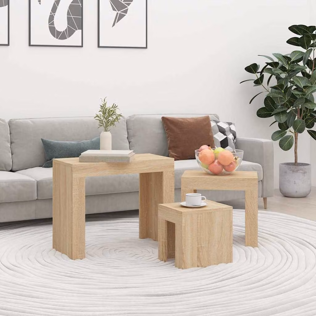 Set di 3 tavolini impilabili vidaXL in legno multistrato e MDF, colore rovere sonoma, design moderno per soggiorno o ufficio