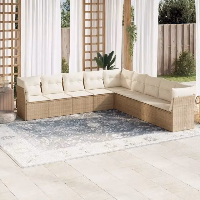 Set Divano da Giardino Moderno VIDAXL in Polyrattan Beige con 9 Pezzi e Cuscini