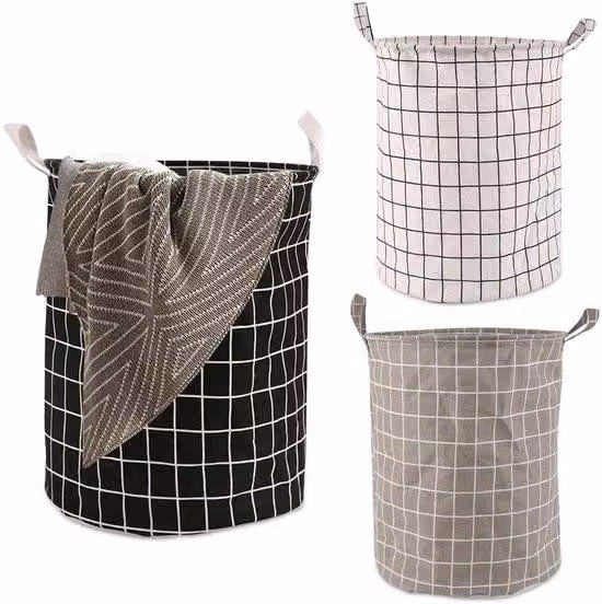 Cesto portabiancheria pieghevole in cotone, set da 3 pezzi, cesto rotondo da 40 litri, per soggiorno, camera da letto e bagno