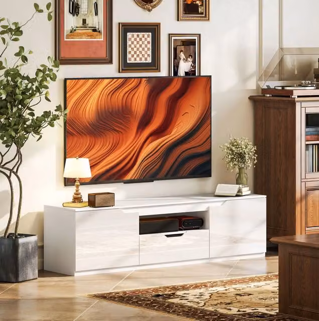 Mobile TV ULEVR 160x38x43 cm con 2 ante, cassetto, vano aperto e passacavi, bianco