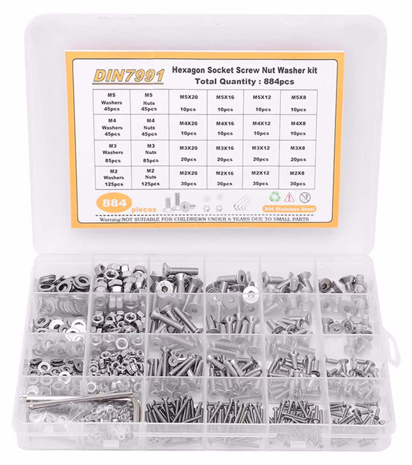 M2 M3 M4 M5 Vite a testa svasata con esagono incassato 304 Acciaio inossidabile Dado Rondella Set assortito