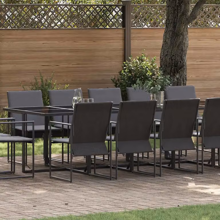 Set da pranzo per giardino e terrazza vidaXL in acciaio verniciato nero e vetro, 15 pezzi