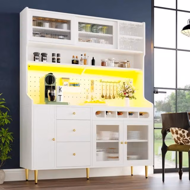 Credenza alta 145x39x171 cm con illuminazione LED e vano vino estraibile in MDF e vetro bianca