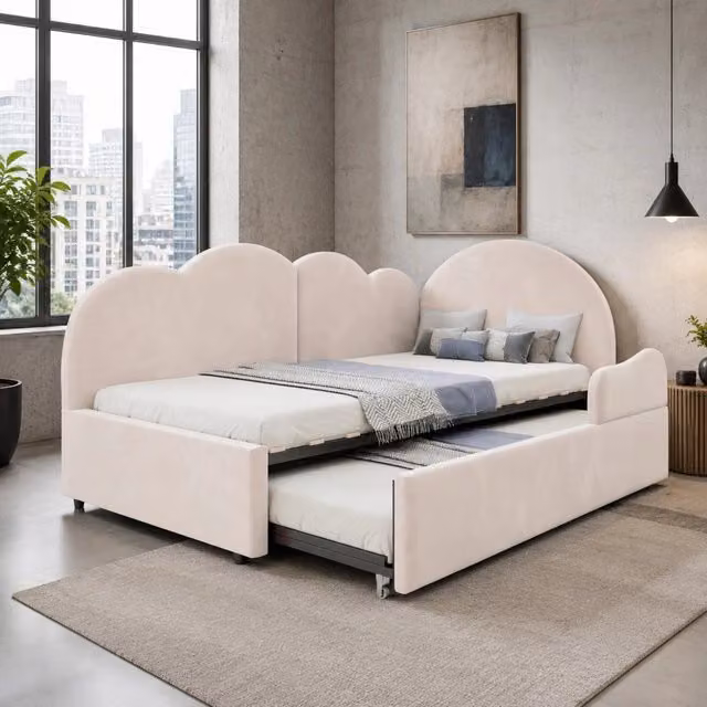 Divano letto angolare imbottito in velluto beige 90x200+90x190 cm con testiera a forma di nuvola, salvaspazio ideale per bambini e ospiti