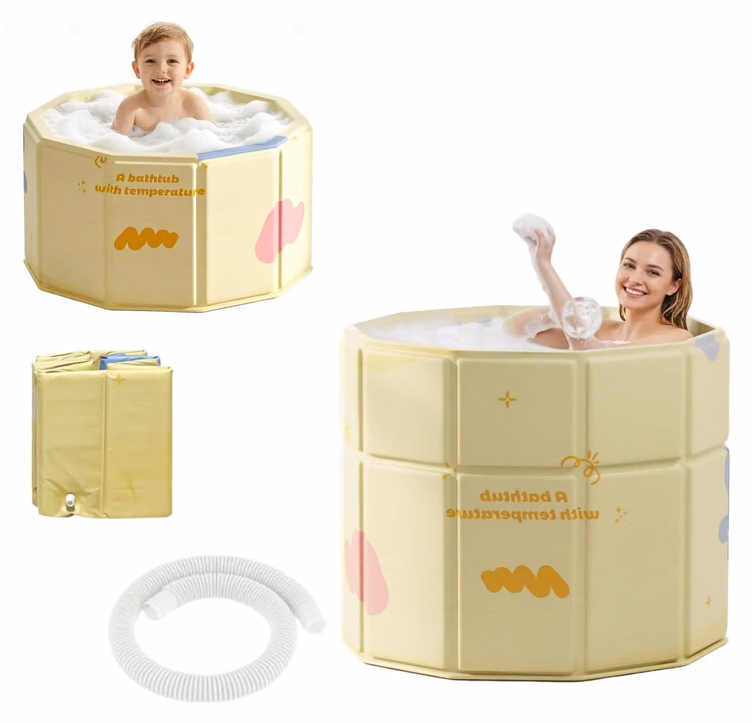 Vasca da bagno pieghevole da 70 cm, in tessuto Oxford, colore giallo, adatta per bagni caldi e freddi