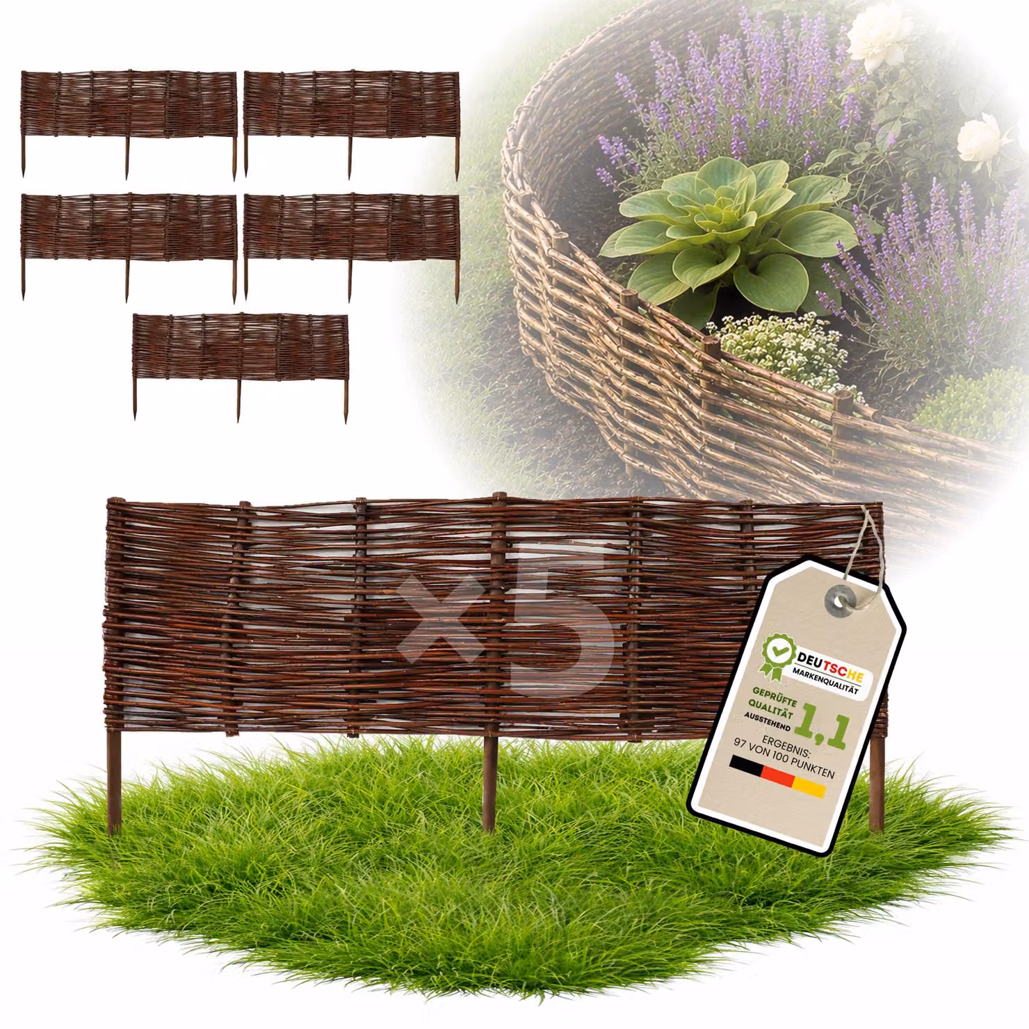 Floranica 5 pezzi Recinzione in vimini 20 cm x 100 cm – Staccionata da giardino intrecciata Palizzata Recinzione naturale Bordo aiuola