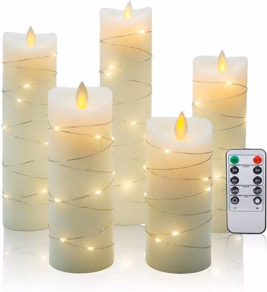 Set di candele LED Unyqoos® in vera cera, con telecomando e timer: candele decorative che simulano il tremolio, illuminazione LED sicura, autonomia fino a 300 ore.