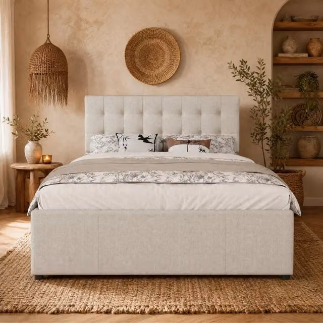 Desviae Letto Con Letto Estraibile 140 × 200 cm 2 posti con 3 cassetti, testiera regolabile, senza materasso, in lino, beige