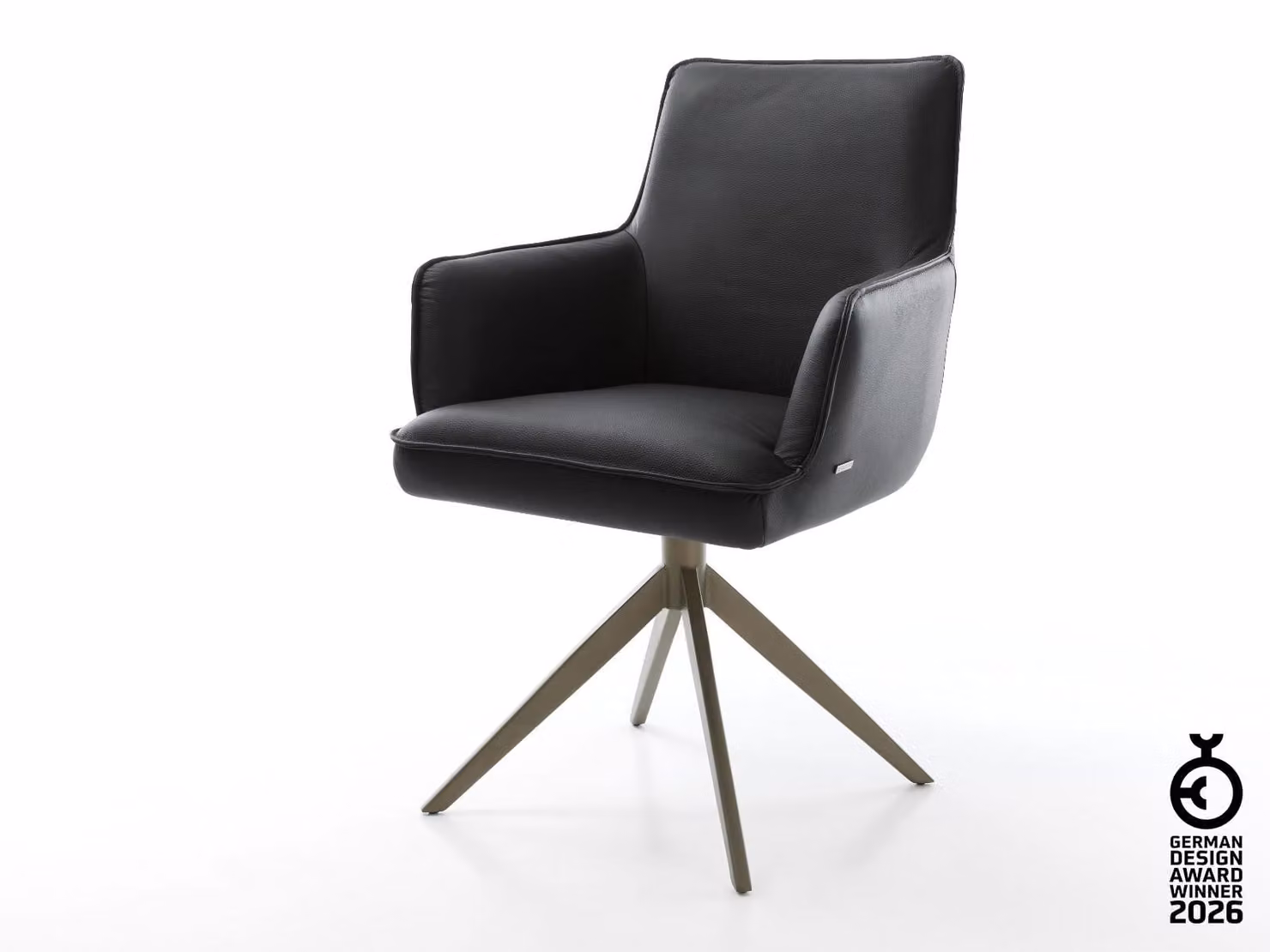 Sedia girevole DELIFE Heira-Flex con braccioli in vera pelle nera, base a croce larga, finitura effetto titanio, rotazione a 360°, funzione oscillante, molle insacchettate