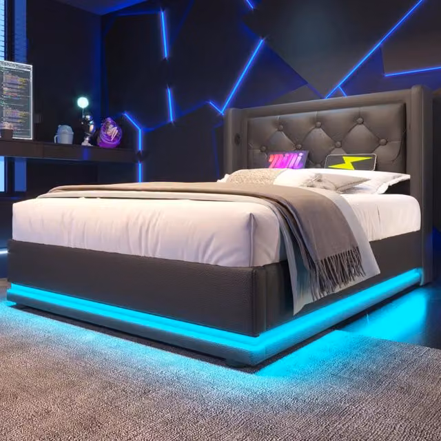 Letto contenitore ULEVR 90x200 cm in PU nero con testiera imbottita, LED a 3 lati, USB e Type-C