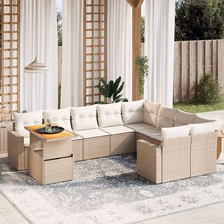 Set Divano da Giardino vidaXL 10 pz in Polyrattan con Cuscini Beige e Tavolino da Esterno