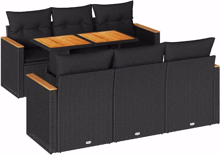 Set Divani da Giardino con Cuscini 7pz Nero Polyrattan Acacia