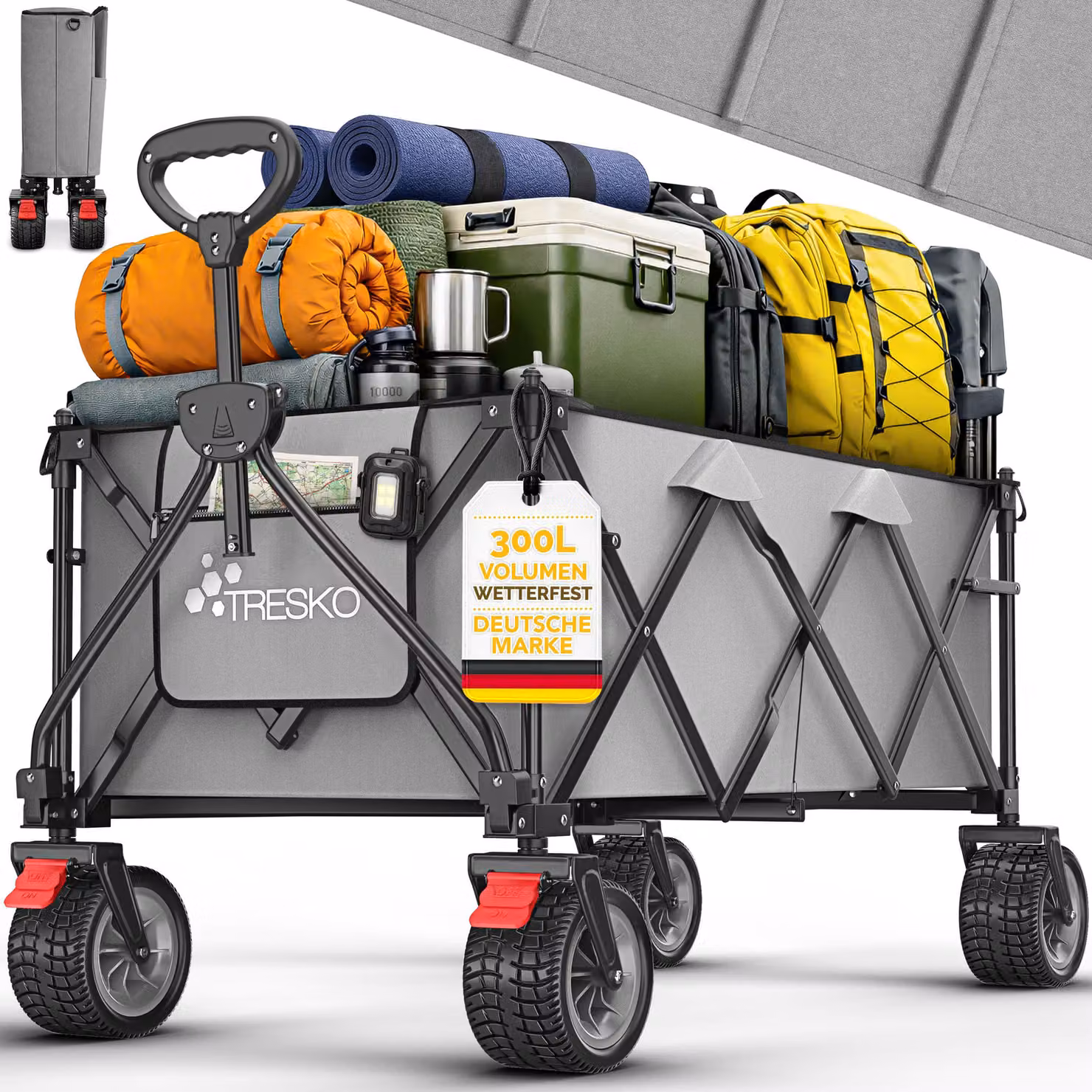 Carretto pieghevole TRESKO® da 300 litri con freno, grigio | Carrello pieghevole da 150 kg con ruote in gomma piena | Carrello da spiaggia pieghevole con ruote fuoristrada extra larghe | Carrello da giardino con borsa per il trasporto inclusa