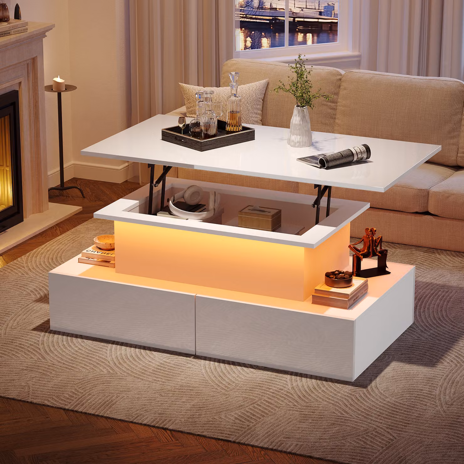Tavolino MODFU LED, dimensioni 90x55x54 cm, finitura lucida, altezza regolabile, 4 cassetti, tavolino moderno per divano, tavolino da caffè, bianco