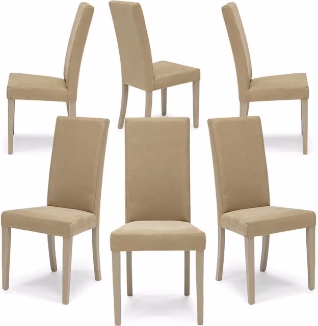Set 6 sedie imbottite per sala da pranzo EDI NEW, 100% MADE IN ITALY, design moderno, rivestimento in tessuto idrorepellente effetto camoscio colore Camel Vintage, gambe in legno in tinta