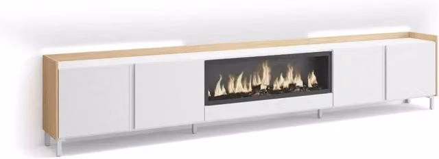Mobile TV Soggiorno, 315x61x35 cm, Per TV fino a 80", Camino elettrico XXL, Design industriale, LED, Bianco e Rovere soft