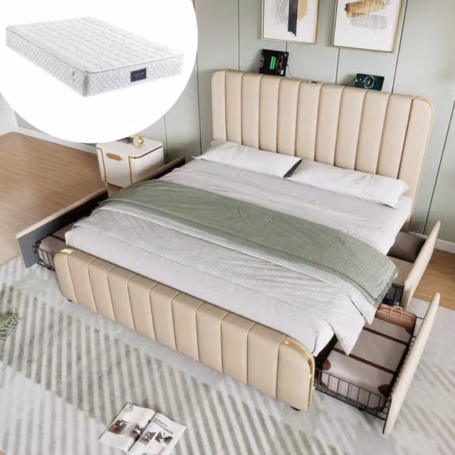 Letto contenitore matrimoniale 160 × 200 cm con 4 cassetti, USB e Type-C, materasso incluso, beige