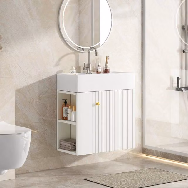 Mobile bagno con lavabo e mobile sottolavabo sospeso 55 cm, bianco, per piccolo bagno ospiti