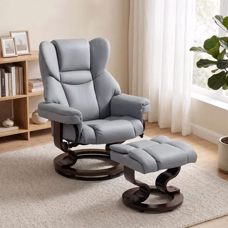 Poltrona reclinabile girevole a 360° REDOM con poggiapiedi, design moderno in ecopelle grigio chiaro con struttura in legno e metallo – 2