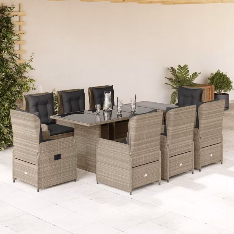 Set Pranzo da Giardino vidaXL in Polyrattan Grigio con 9 Pezzi e Piano in Vetro