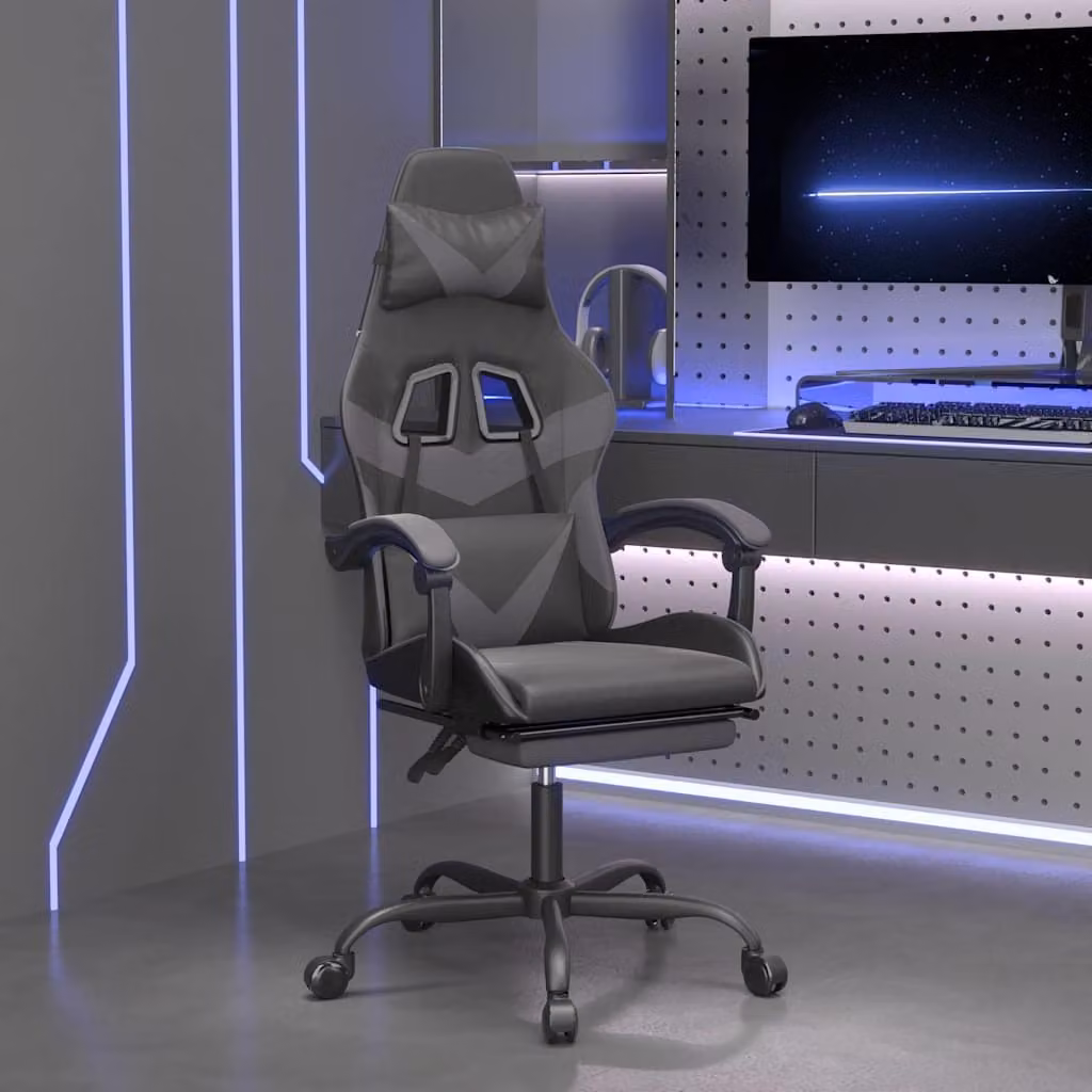 Sedia da Gaming vidaXL con Poggiapiedi, Rivestimento in Similpelle, Nero e Grigio