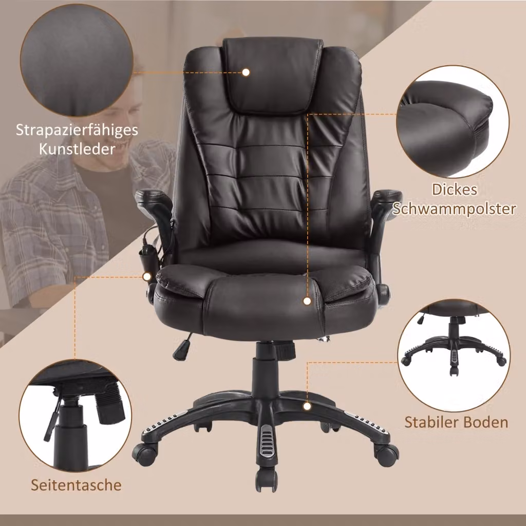 Sedia da ufficio ergonomica REDOM marrone e nera con funzione massaggiante, regolabile in altezza e girevole a 360 gradi, in ecopelle e plastica – 2