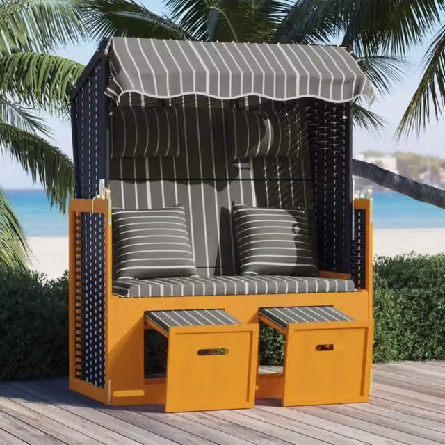 Sedia a sdraio Strandkorb vidaXL in polyrattan e legno di abete con cuscini e tendalino, colori nero, grigio e bianco a righe – 1