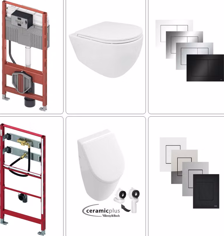 BB INFINITY WC sospeso senza bordo con orinatoio VILLEROY & BOCH SUBWAY CeramicPlus e accessori TECE nero opaco