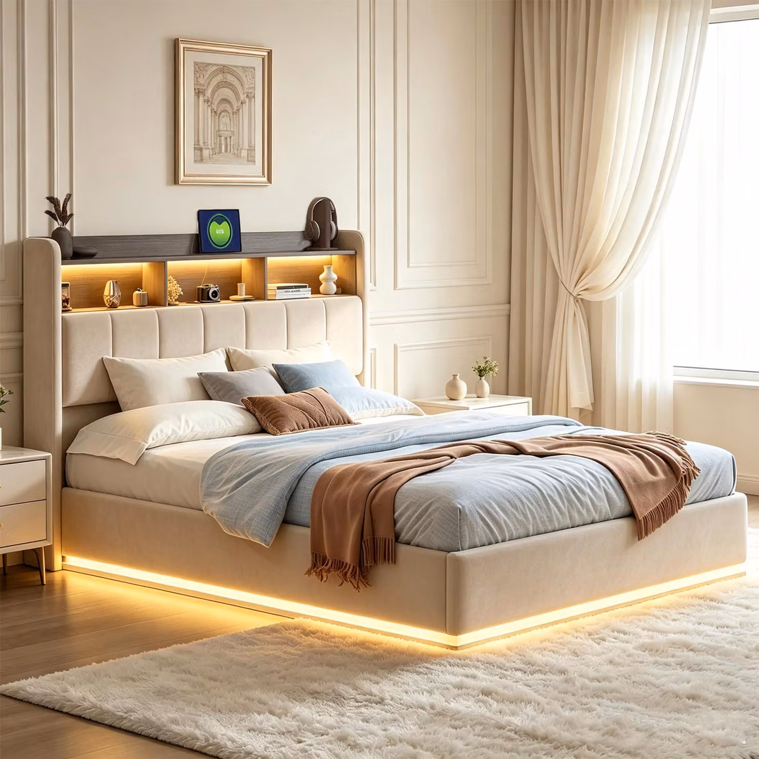 Letto imbottito INONEFT 140x190 cm con LED e USB, letto con sistema di sollevamento idraulico e spazio contenitore, letto matrimoniale con spazio contenitore e rete a doghe, letto per ragazzi con testiera, in velluto, color beige