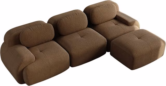 Divano angolare modulare senza montaggio in tessuto di velluto a coste marrone con imbottitura ergonomica 32D