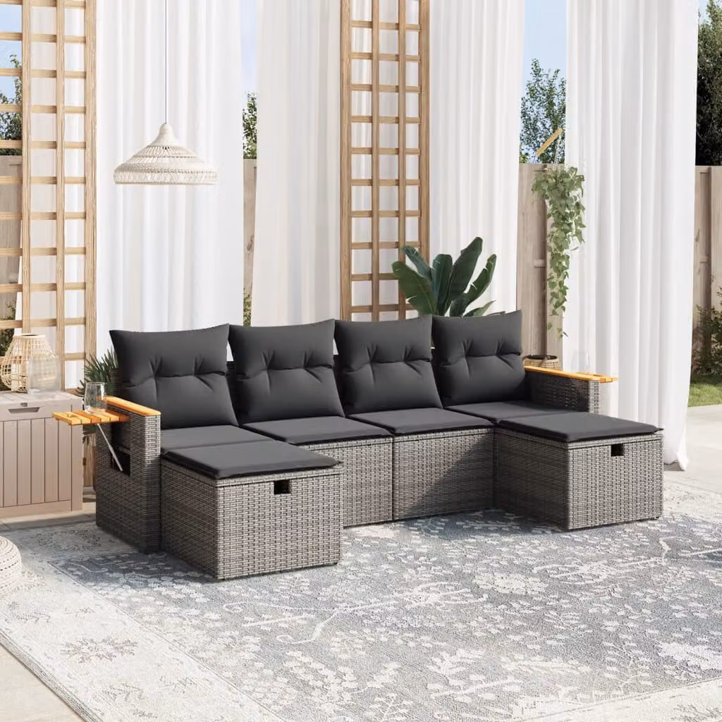 vidaXL Set Divano da Giardino a L composto da 6 pezzi con Cuscini Grigio in Polyrattan e Struttura in Metallo – 1