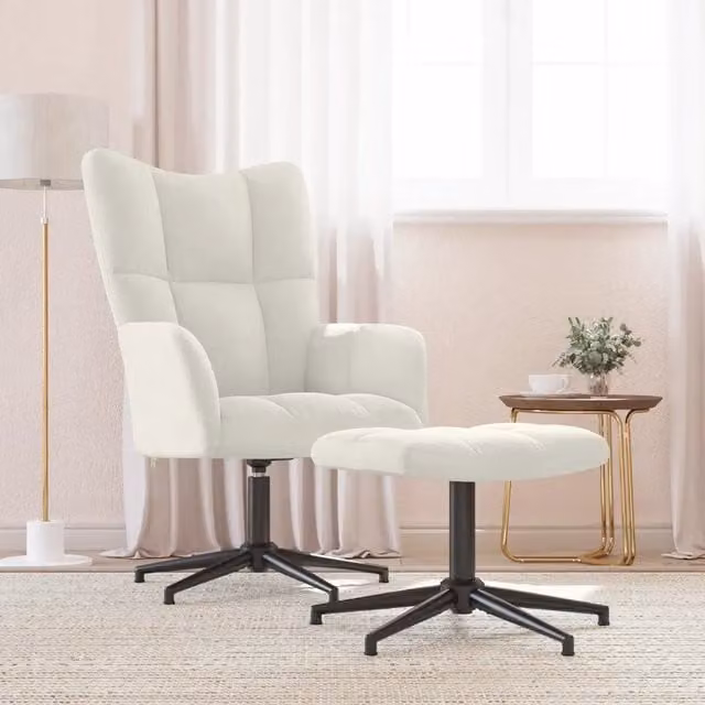 Poltrona Relax con Poggiapiedi vidaXL in Velluto Bianco, Sedia Girevole 360 Gradi con Braccioli e Struttura in Metallo per Soggiorno