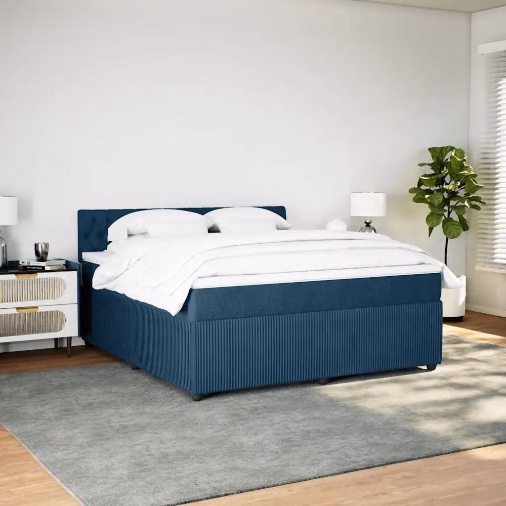 Letto Ibrido vidaXL con Giroletto a Molle e Materasso in Velluto Blu e Bianco, Struttura in Legno di Pino, L/P/H: 180 x 200 cm – 2