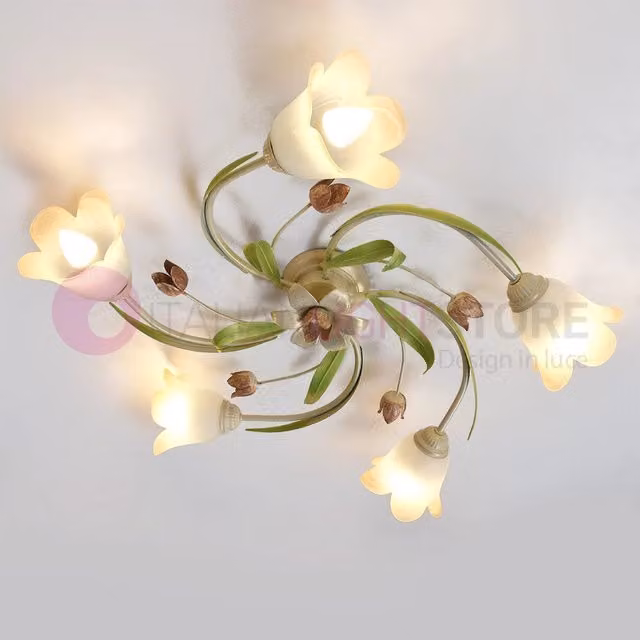 FLORA Plafoniera a 5 Luci in Metallo Decorato Stile Floreale con Vetro, Colore Oro e Verde
